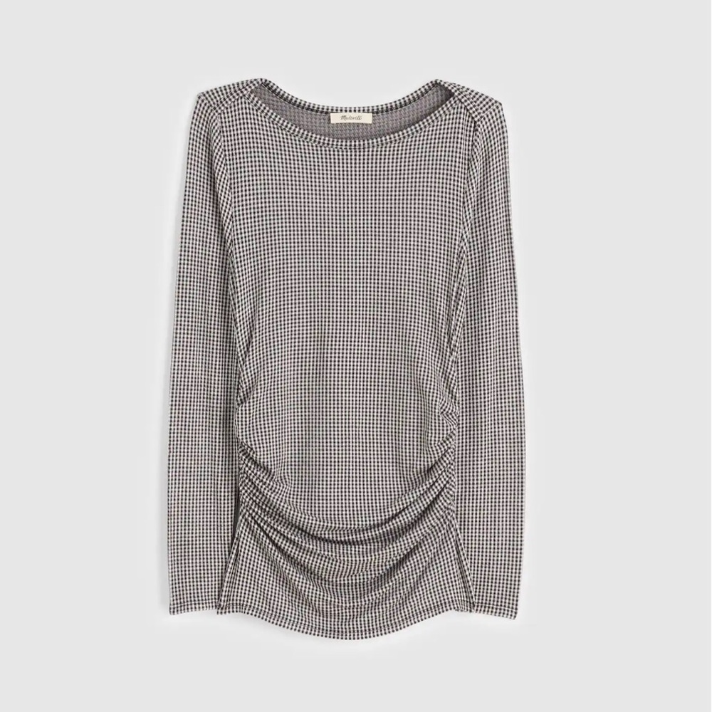 Madewell Ruched Crewneck Long-Sleeve Tee in Check Jacquard in Molasses, Size: S - Picture 3 of 7